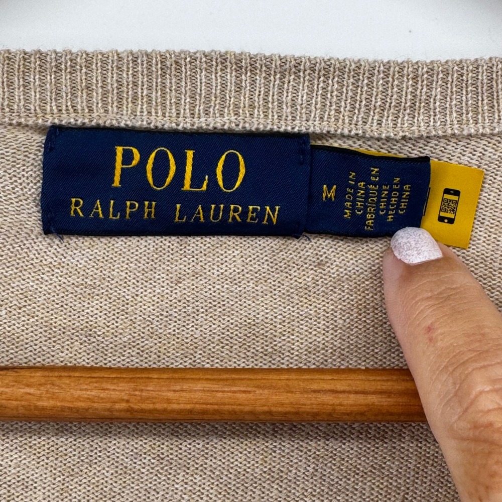 Polo Ralph Lauren Men V-Neck Sweater Tan Heather Pony Logo Sz Medium 100% Cotton - Picture 3 of 9